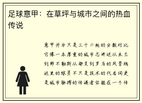 足球意甲:在草坪与城市之间的热血传说